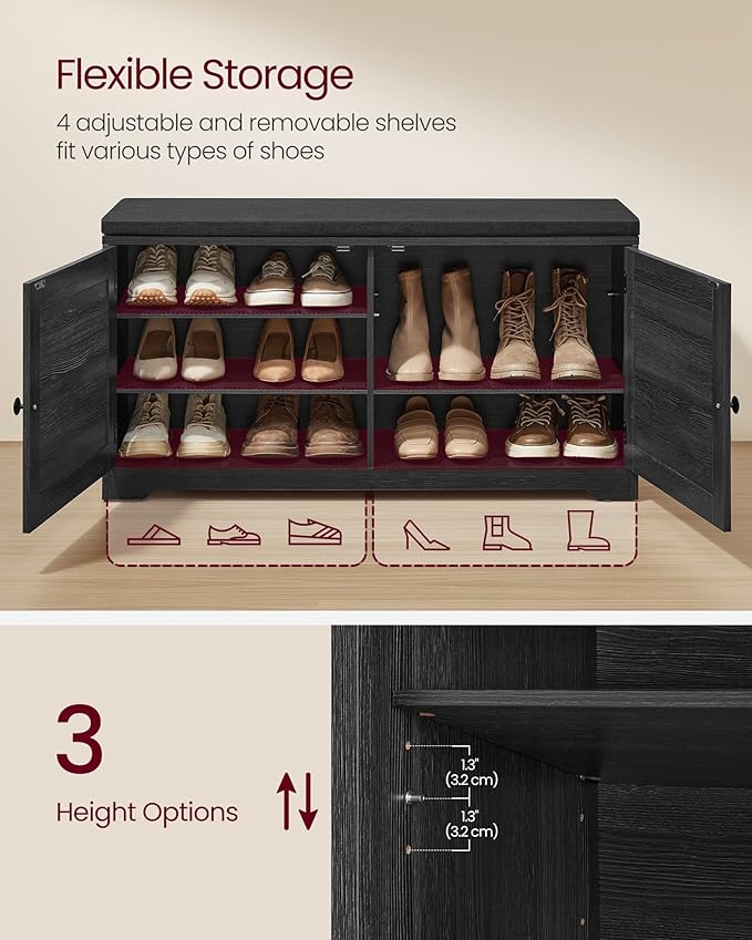 VASAGLE Shoe Storage Bench with Cushion, 3-Tier Entryway Bench with Padded Seat, Doors, Adjustable Shelves, 14 x 39.8 x 20.7 Inches, for Hallway, Bedroom, Charcoal Gray and Ink Black ULSB044B01