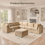 130'' Modern Modular Sectional Sofa with Ottoman, 7 Pieces L Shaped Cloud Couch for Living Room, Oversized Deep Seat Convertible Sofa Set, Plush Corduroy Beige