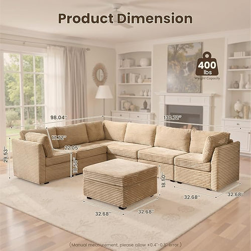 130'' Modern Modular Sectional Sofa with Ottoman, 7 Pieces L Shaped Cloud Couch for Living Room, Oversized Deep Seat Convertible Sofa Set, Plush Corduroy Beige