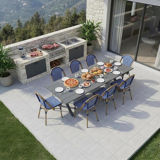 PURPLE LEAF 9 Pieces Outdoor Dining Set Patio Furniture Set with Aluminum Table and French Bistro Chairs for Garden Backyard Deep Blue Patio Dining Set