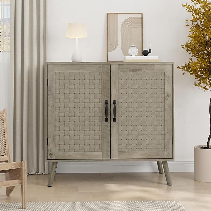 Smuxee Wood Sideboard, Freestanding Buffet Cabinet with 2 PVC Rattan Doors, Storage Cabinet with Adjustable Shelf for Living Room, Entryway, Hallway