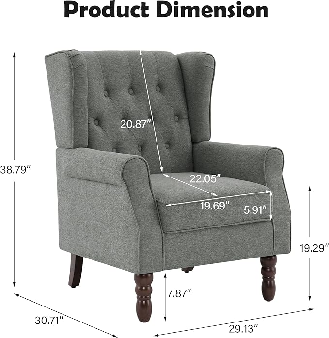 Pia Ricco Mid-Century Modern 2-Piece Wingback Chair Set - Plush Upholstered Accent Chairs with Solid Wood Legs, High Back Lounge Seating for Living Room, Bedroom & Office - Retro Matched Pair (Gray)