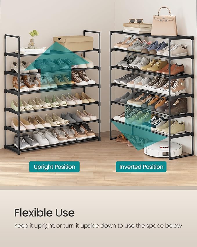 SONGMICS Shoe Rack, 6-Tier Shoe Organizer, Metal Storage Shelf, Upright or Upside Down, for 24-30 Pairs, Stackable, for Entryway, 11.8 x 36.2 x 42.7 Inches, Black ULSA306BH01