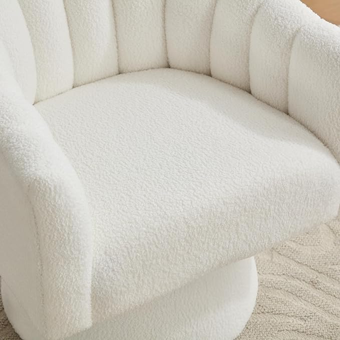 Swivel Accent Chair,Upholstered Teddy 360° Swivel Barrel Chair for Living Room Overstuffed Bouncle Reading Chair Round Armchair for Bedroom,Vanity,Office-White