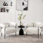 Modern Accent Chairs Set of 2, White Boucle Side Chairs with Curved Back, Sherpa Barrel Vanity ChairsArmchairs with Black Metal Legs & Upholstered for Living Room, Makeup Room