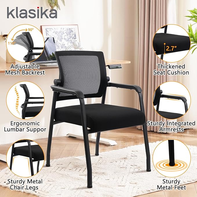 Office Guest Chairs No Wheels | Ergonomic Lumbar Support and Thicked Seats Cushion, Desk Chair with Adjustable Mesh Back for Waiting Room School Church Reception，Black