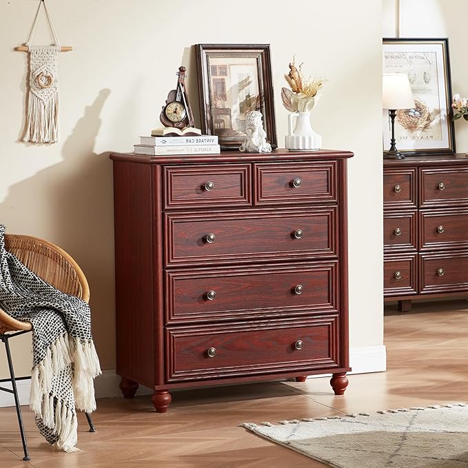 Farmhouse Dressers & Night Stand Set of 4, Wood 54" Wide 6 Drawer Dresser & 35" Tall Chest of Drawers, 18" Roman Column Nightstand Set of 2, Bedroom Furniture Dresser Sets for Home Living Room Hallway