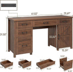 Farmhouse 61'' Executive Desk with 5 Drawers, Rustic Office Desk Computer Desk with Charging Station, File Drawers and Storage Cabinet, Wood Workstation for Study and Home Office, Red-Brown.