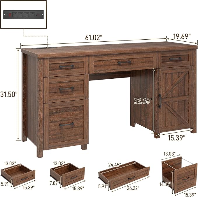Farmhouse 61'' Executive Desk with 5 Drawers, Rustic Office Desk Computer Desk with Charging Station, File Drawers and Storage Cabinet, Wood Workstation for Study and Home Office. (Red-Brown)