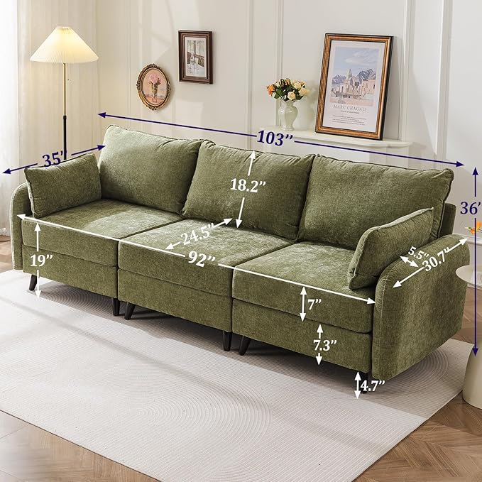 104'' Modular Sectional Sofa with All Seats Storage,Oversized 3-Seater Comfy Cloud Couches with Deep Seat,Big Couch for Living Room,Bedroom,Velet,Green