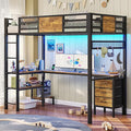 ADORNEVE Loft Bed Twin Size with L-Shaped Desk, LED Lights,Charging Station, Twin Metal Loft Bed Frame with Fabric Drawers & Shelve, 13.4" H Safety Guardrail, No Box Spring Needed, Rustic Brown