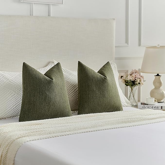 FUTEI Moss Green Chenille Decorative Throw Pillow Covers 24x24 Inch Set of 2,Soft Cozy Faux Linen Textured European Pillow Shams,Farmhouse Home Decor for Couch Living Room