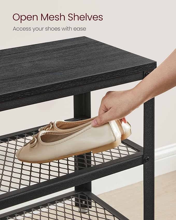 VASAGLE, 3-Tier Shoe Rack, Shelf Storage Bench with Metal Mesh Shelves and Seat, Free Standing Shoe Organizer for Entryway, 11.8 x 28.7 x 17.7 Inches, Ebony Black and Black ULBS073B06