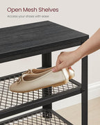 VASAGLE, 3-Tier Shoe Rack, Shelf Storage Bench with Metal Mesh Shelves and Seat, Free Standing Shoe Organizer for Entryway, 11.8 x 28.7 x 17.7 Inches, Ebony Black and Black ULBS073B06