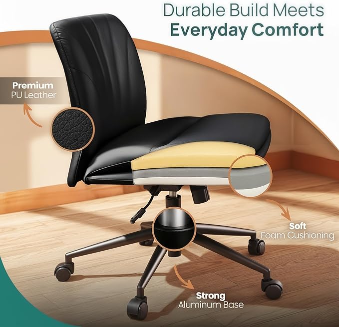 NYPOT Armless Desk Chair with Wheels for Criss Cross Sitting - Cross Legged Wide Armless Chair - Adjustable Vanity 360° Swivel Stool and 120° Rocking Wide Seat Comfy for Home and Office, Color Black