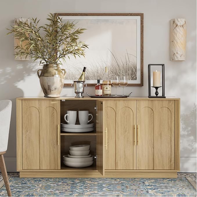 Sideboard Buffet Cabinet with Storage, Modern Accent Cabinet with Arched Doors, Boho Modular Media Console, 67" Large Minimalist Credenza for Living Room Kitchen Dining Room Entryway, Oak