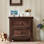 Farmhouse Nightstand with Charging Station, Rustic Low Night Stand with 2 Drawers, Mid-Century Modern End Table with 4 Square Solid Wood Legs, Small Dresser for Bedroom, Home, Walnut