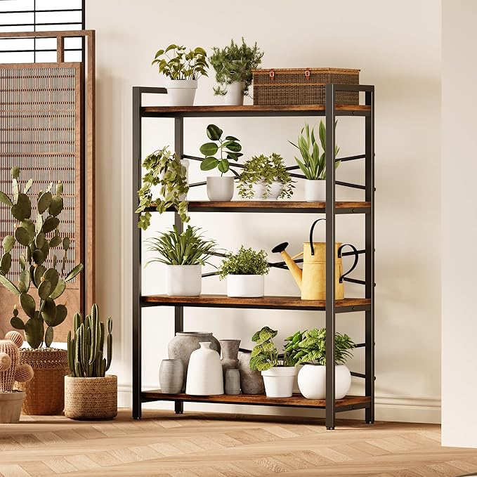 4 Tier Bookshelf 31.49" Width, Tall Book Shelf Storage and Organization, Wooden and Metal Industrial Bookcase, Large Book Shelves for Home Living Room Bedroom Office Storage(Vintage)