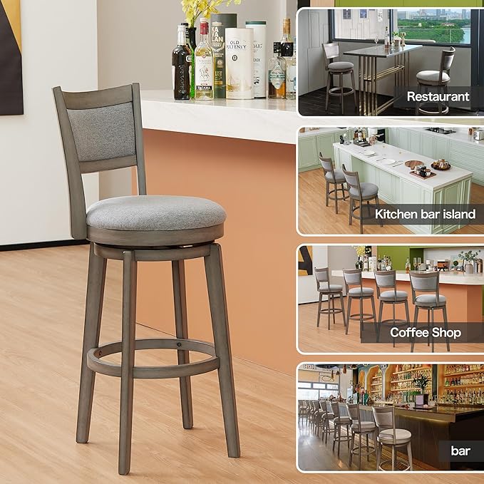 PrimeZone Swivel Bar Stools Set of 2, 30 Inch Bar Height Barstools, High Back Bar Stool with Solid Wood Legs & Wrap-Around Footrest, Counter Stools for Kitchen Island, Pub, Grey