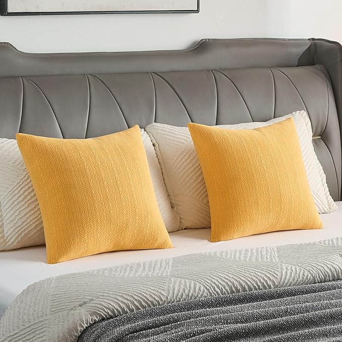 FUTEI Mustard Yellow Chenille Throw Pillow Covers 26x26 Inch Set of 2,Soft Striped & Diamond Textured Euro Pillow Shams,Modern Home Decor for Couch Living Room