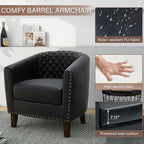 Pia Ricco Faux Leather Barrel Accent Chair, Modern Club Arm Chair Comfy Upholstered Single Sofa Chair with Solid Wood Legs and Nailhead Trim for Living Room/Reading Room, Black