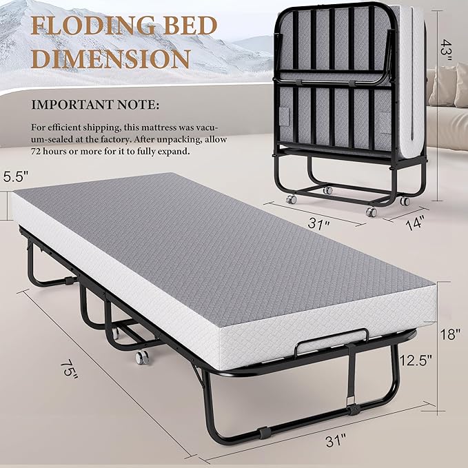Folding Bed with Memory Foam Mattress, Portable Rollaway Guest Beds on Wheels, 75"x31" Twin Size Space-Saving Cot-Size Bed for Adults with Easy Assembly Metal Frame (Grey)