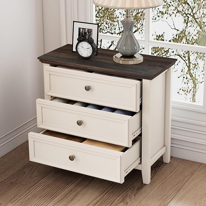 Farmhouse 3-Drawer Dresser for Bedroom - 31.5" Wide 3 Chest of Drawers Storage Cabinet as Nightstand or Bedside Dresser（Antique White & Brown）