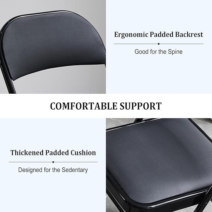 6 Pack Black Folding Chairs with Padded Cushion and Back, Foldable Indoor Outdoor Chairs with 330-LBS Capacity, Portable Heavy Duty Metal Frame Commercial Seat for Kitchen, Party, Events, Wedding