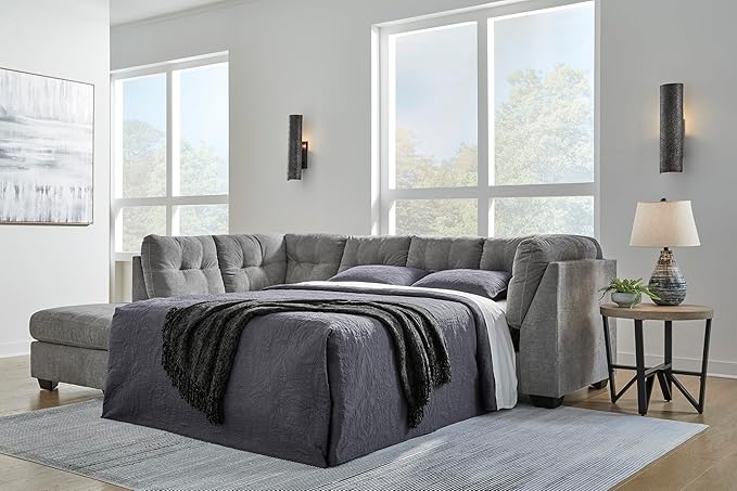 Signature Design by Ashley Marleton Contemporary Left-Arm Facing Tufted 2-Piece Sleeper Sectional with Chaise, Loose Seat Cushions and Bi-Fold Memory Foam Mattress, Full, Light Gray