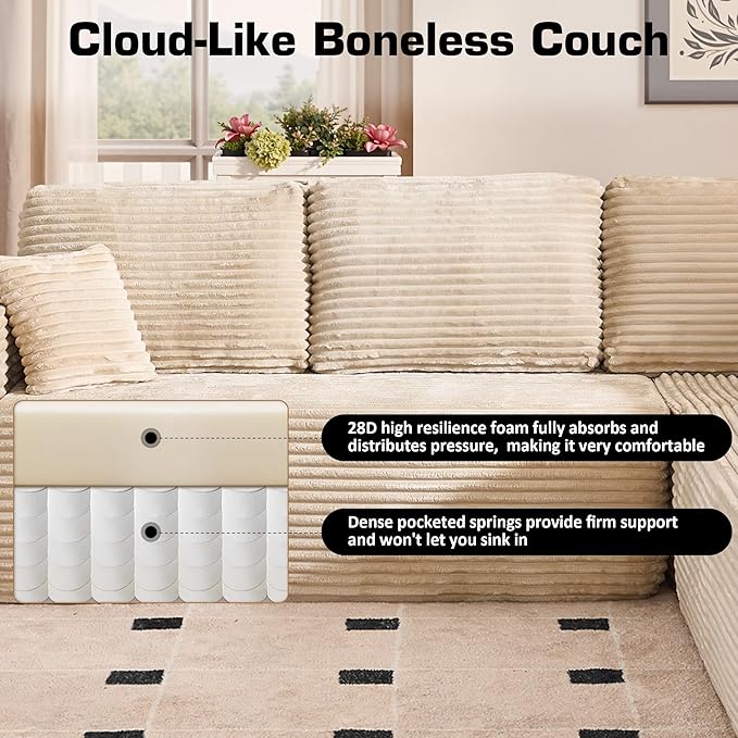 Weaxty Cloud Sectional Couch for Living Room, Oversized U Shaped Boneless Couches, Plush Corduroy Memory Foam Deep Seat Floor Sofa, No Assembly Required，Beige