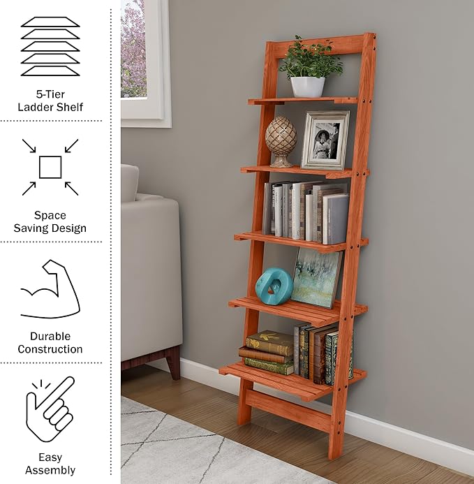 5-Tier Ladder Shelf - 50-Inch Narrow Leaning Bookshelf - Wooden Bookcase for Living Room, Bathroom, Kitchen, Office, or Bedroom Furniture by Lavish Home (Cherry)