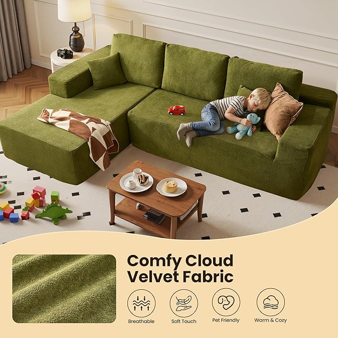 104" Cloud Sectional Couch with Chaise, Boneless L-Shaped Cloud Couch with Deep Seat, Modern Minimalist Sofa, Assembly Free Comfy Sofa for Office Living Room Study Room Apartment(Green, Left Chaise)