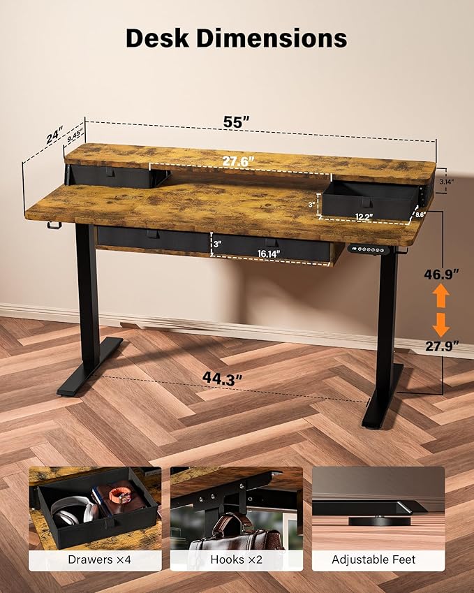 FiCiHi Adjustable Height Standing Desk with 4 Drawers,55 x 24 inches Electric Sit Stand Home Office Desk with Two Tiers, 3 Memory Presets, Monitor Stand Riser