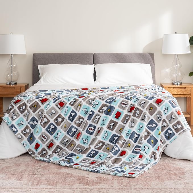 Berkshire Blanket Peanuts® VelvetLoft® Cute Character Snoopy Plush Blanket,Woof Blue,Full/Queen 90 in x 90 in (Official Peanuts® Product)