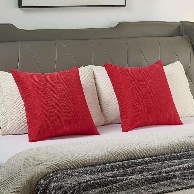 FUTEI Christmas Red Chenille Throw Pillow Covers 18x18 Inch Set of 2,Soft Wide Chevron Textured Cushion Case,Farmhouse Home Decor for Couch Bed Living Room