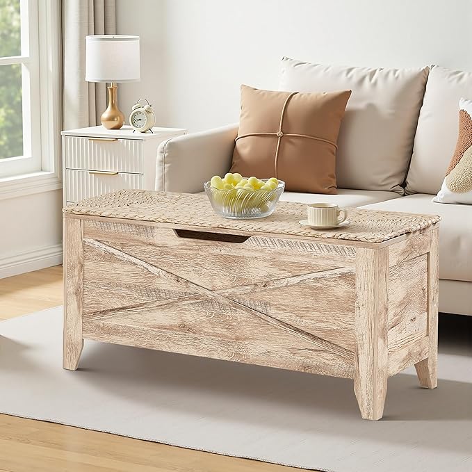 VECELO 43.3" Storage Bench, Entryway Shoe Ottoman, Farmhouse Style Bench with Handwoven Cushion and Metal Safety Hinges for Bedroom, Living Room, Entryway, Wood