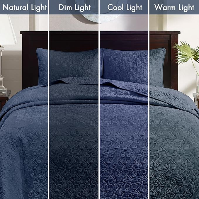 Madison Park Quebec Reversible Quilt Set Damask Design, Double Sided Stitching All Season, Lightweight Bedspread Bedding Set, Matching Sham, Navy, Twin(81"x110") 2 Piece