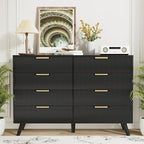 Black Fluted 8 Drawer Dresser for Bedroom, Chest of Drawers with Solid Wood Legs, Modern Dresser Chest Cabinet Organizer with Golden Handles, Beside Table for Closet,