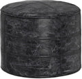 SIMPLIHOME Connor Boho Round Pouf in Distressed Black Genuine Leather for the Living Room, Bedroom and Kids Room