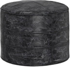 SIMPLIHOME Connor Boho Round Pouf in Distressed Black Genuine Leather for the Living Room, Bedroom and Kids Room