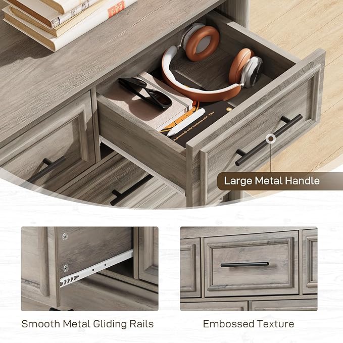 LGHM 7 Drawers Dresser for Bedroom, 54" Wide Chest of Drawers with Smooth Gliding Drawers, Gray Wood Dresser, Sturdy Storage Dressers Organizer with Metal Handles for Home Office, Farmhouse, Nursery