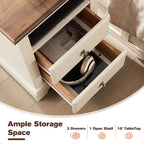 T4TREAM Nightstand with Charging Station, 18 Inch Vintage End Table with 2 Drawers, Wood Rustic Sofa Side Table with Open Storage Shelf for Bedroom, Living Room, Antique White