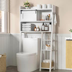MU Over The Toilet Storage Cabinet with Sliding Door, 32.5" W Free Standing Toilet Shelf Space Saver with 3 Side Hooks & Anti-Tip Design, Space-Saving Toilet Rack for Bathroom, Laundry, White