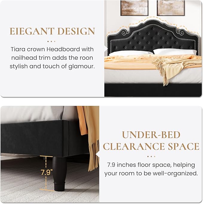 SHA CERLIN Queen Bed Frame with Adjustable Headboard/Velvet Upholstered/Diamond Button Tufted and Metal Studs/No Box Spring Needed/Wood Slat Support/Easy Assembly/Black