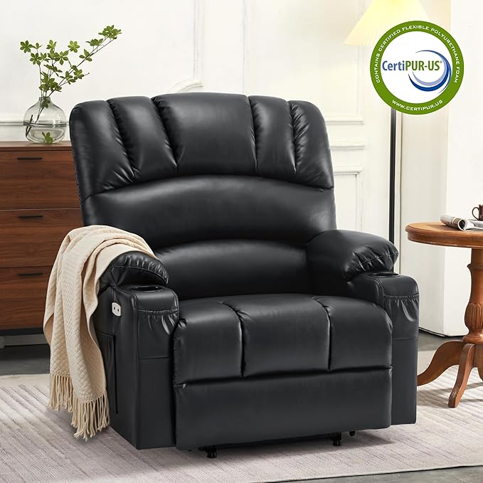 MCombo Oversized Power Lift Recliner Chair for Elderly, Lift Chair with Heat and Massage, Lift Recliner for Big and Tall, Cup Holders, USB &Type C Ports, Faux Leather R7092 (Black, Oversize)