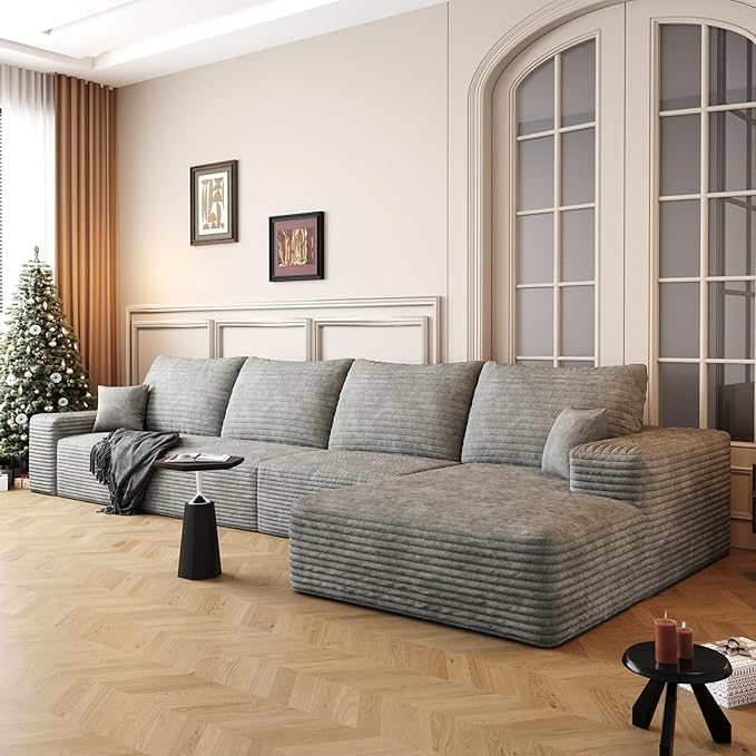 135.4" Large Cloud Modular Sectional Sofa with L-Shape Chaise, Deep Seat Upholstered Couches for Living Room, No Assembly Required, Corduroy Pet-Friendly Fabric (Grey, Right Facing Chaise)