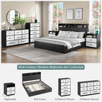 Nightstand with Charging Station, 21.7" Wide Bedside Table with 2 Storage Drawers & Open Shelf, Mid Century Modern Wood End Table for Bedroom, Living Room, Black/White