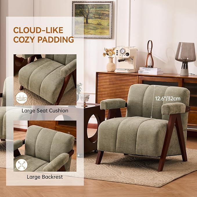Accent Chair Mid-Century Modern with Wide Backrest for Bedroom, Upholstered Living Room Chair with Wooden, Lounge Armchair with Thick Cushion, Cute Chenille Comfy Chair, Sage