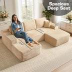 106" Cloud Sectional Couch with L-Shape Chaise & Ottoman, No Assembly Modular Sofa, Deep Seat Plush Corduroy Boneless Couched for Living Room (Beige Plush Corduroy, Left Facing Chaise with Ottoman)