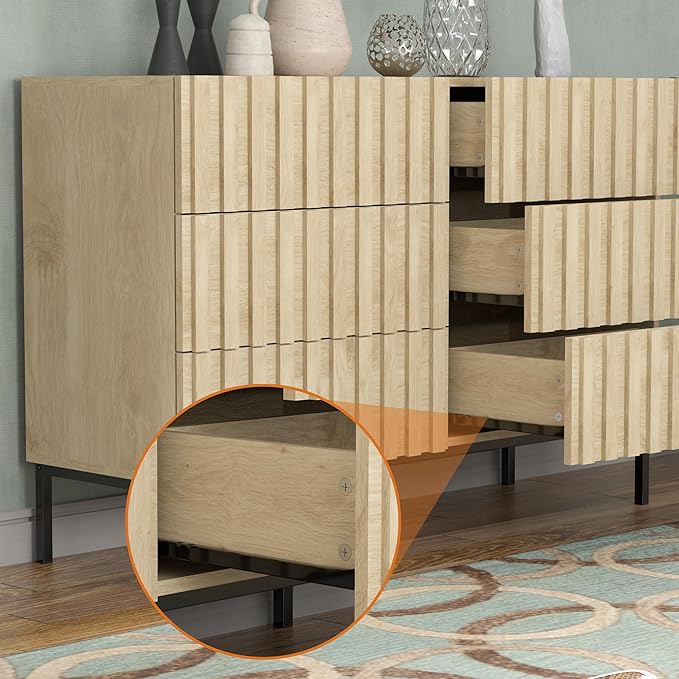 UEV Fluted Dresser for Bedroom with 6 Drawers, 47" Wide Large Chest of Drawers with Metal Stand, Mid-Century Wooden Dresser TV Stand, Closet Storage Organizer for Living Room, Hallway (Ivory White)